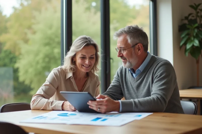 Un couple mature planifie sereinement la gestion de leur patrimoine et leur retraite à leur domicile