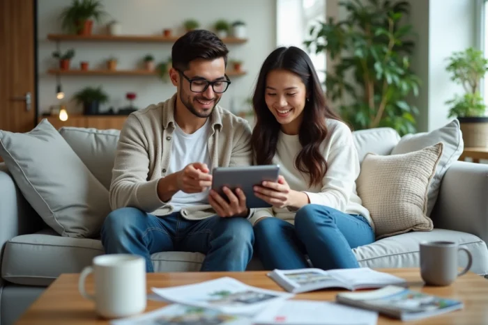 Couple cherchant un logement à louer ensemble en comparant des annonces immobilières sur tablette et smartphone