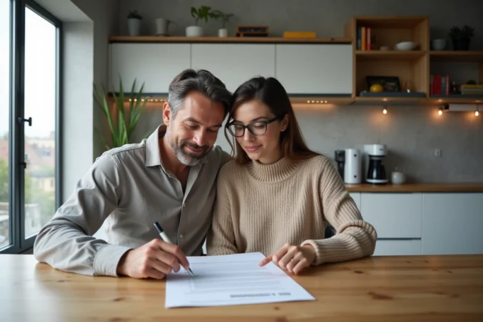 Couple étudiant un contrat immobilier à domicile avant signature