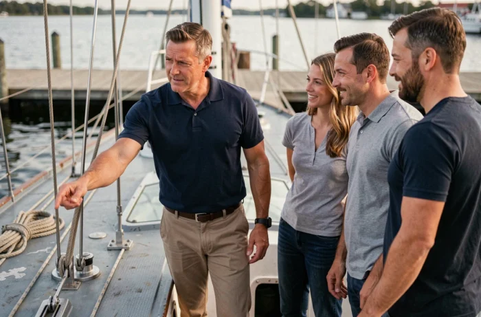 Courtier maritime présentant un voilier en acier d'occasion à des acheteurs potentiels sur le pont du bateau