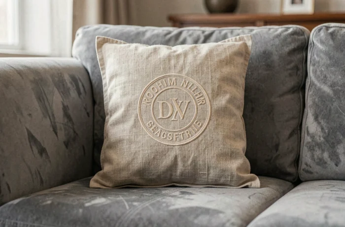 Coussin en lin avec logo familial brodé en fil crème sur un canapé en velours gris dans un salon