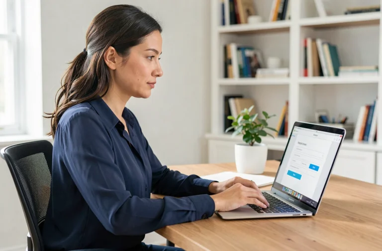 Femme créant un compte en ligne sur un ordinateur portable dans un bureau à domicile moderne