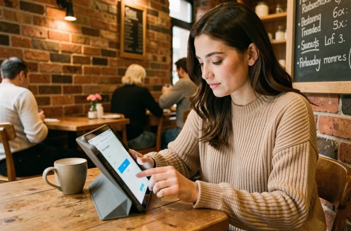 Jeune femme créant un compte Addviseo sur une tablette dans un café urbain chaleureux