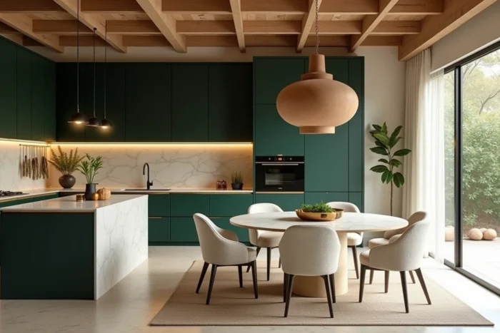 Cuisine contemporaine avec façades vert forêt, plan de travail en marbre Calacatta, table en travertin et chaises en bouclé ivoire
