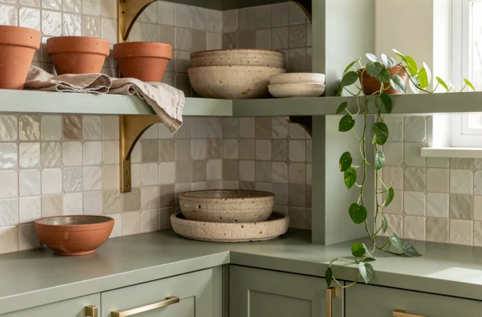 Étagères de cuisine tendance avec poterie en grès, plantes suspendues et carreaux zellige en vert sauge et laiton brossé