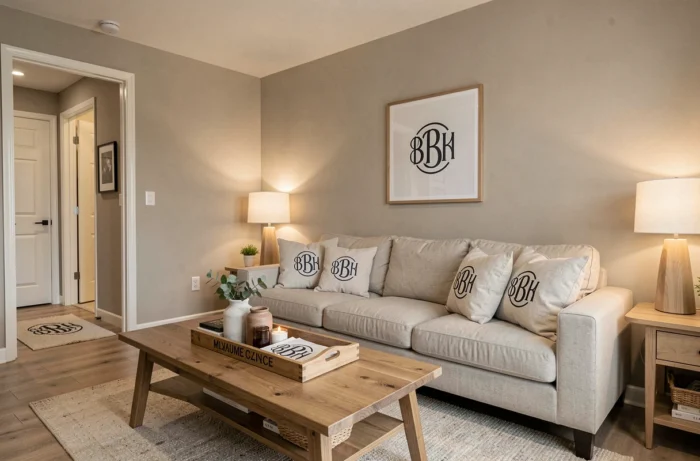 Salon moderne avec plusieurs éléments de décoration intérieure personnalisés aux logos et monogrammes de la maison