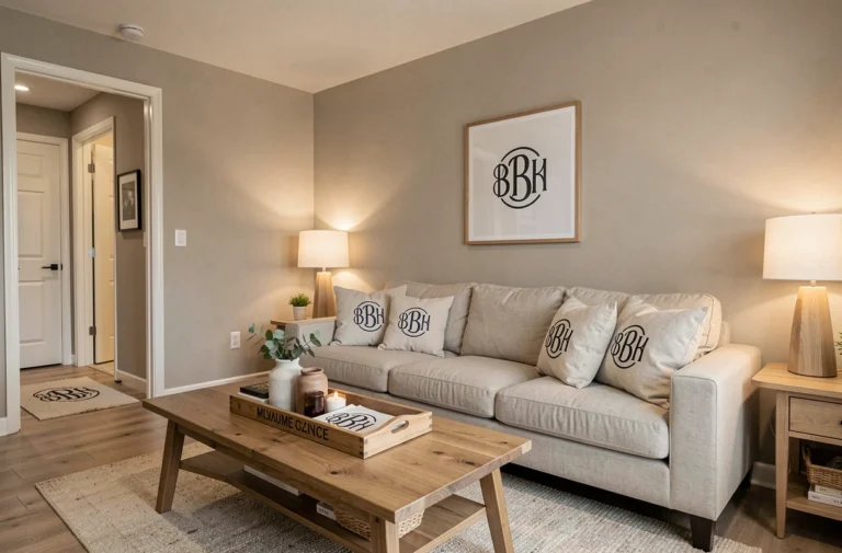Salon moderne avec plusieurs éléments de décoration intérieure personnalisés aux logos et monogrammes de la maison