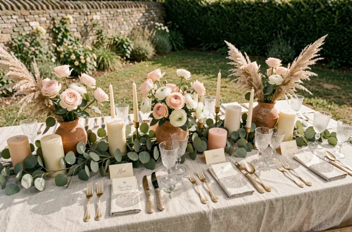 Table de mariage décorée dans un style botanique romantique avec guirlandes d'eucalyptus, roses garden et photophores en terracotta dans un jardin de campagne française