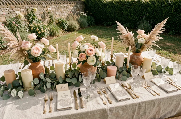 Table de mariage décorée dans un style botanique romantique avec guirlandes d'eucalyptus, roses garden et photophores en terracotta dans un jardin de campagne française