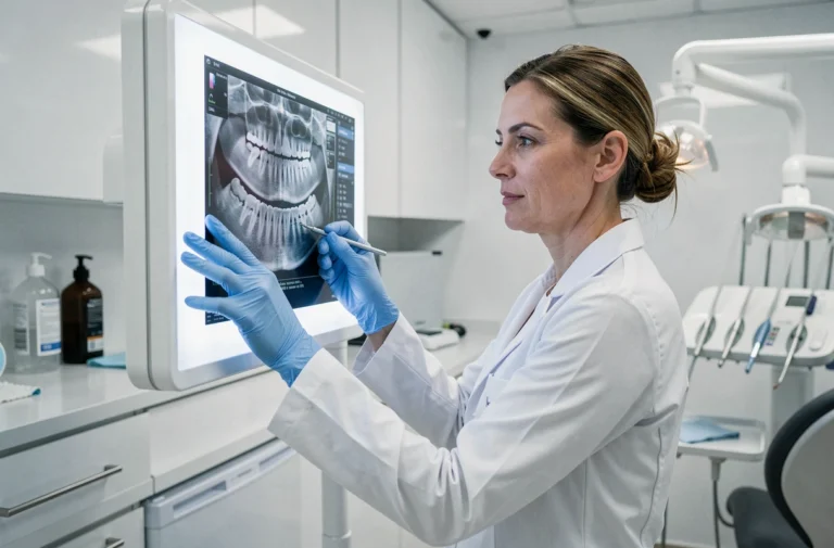 Dentiste professionnelle examinant des radiographies dentaires dans un cabinet dentaire moderne à l'étranger