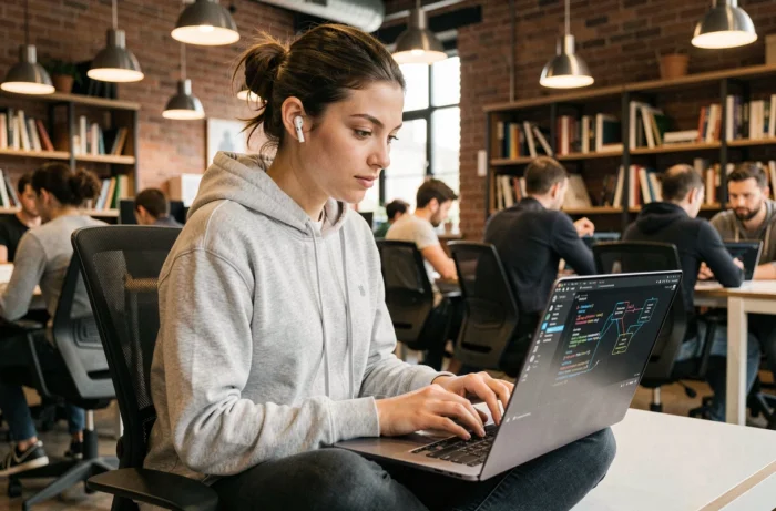Jeune développeuse travaillant sur du code blockchain et intelligence artificielle dans un espace de coworking