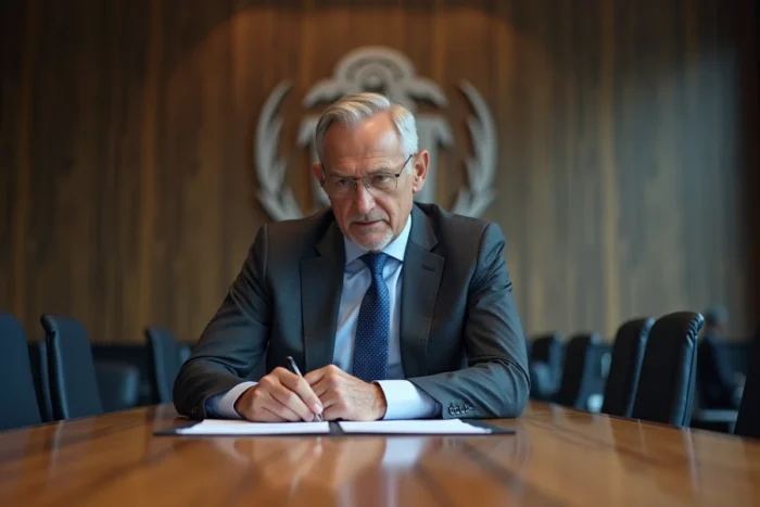 Dirigeant sportif en costume sombre assis dans une salle de réunion d'une fédération de football, évoquant la gestion administrative et les négociations contractuelles