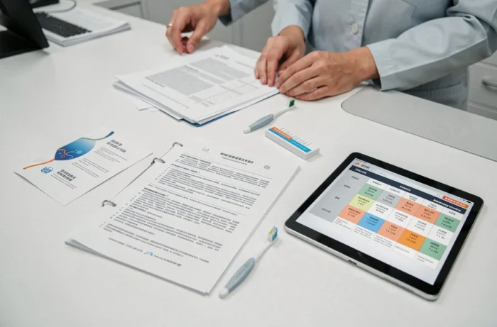 Dossier patient et documents administratifs sur le bureau d'accueil d'un cabinet dentaire à l'étranger