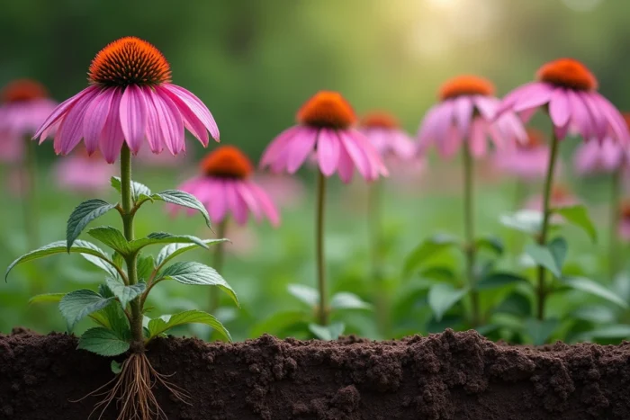 Échinacée pourpre (Echinacea purpurea) en pleine floraison avec son cône central orangé et sa racine pivotante profonde visible dans la coupe de sol