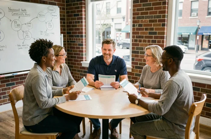Groupe de patients participant à une session d'éducation thérapeutique dans un centre de santé communautaire
