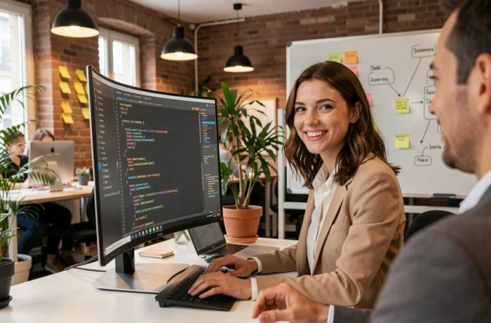 Jeune femme travaillant dans un espace de coworking d'une startup parisienne, opportunités d'emploi en France 2024