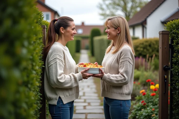 Deux voisines s'entraident devant un portail de jardin, illustration de l'entraide de quartier entre familles