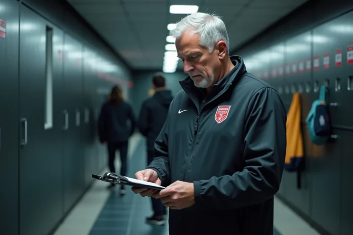 Entraîneur de football analysant des notes tactiques dans le couloir d'un centre d'entraînement professionnel, symbolisant la préparation et les responsabilités d'un sélectionneur national