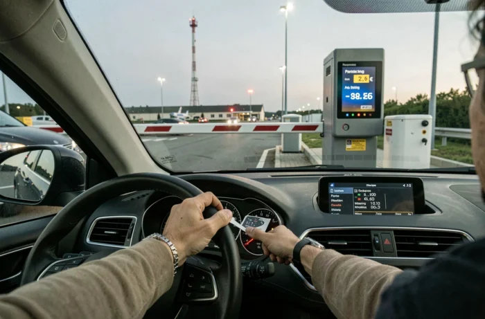Vue depuis l'intérieur d'une voiture à l'entrée du parking de l'aéroport Orly avec barrière et borne tarifaire
