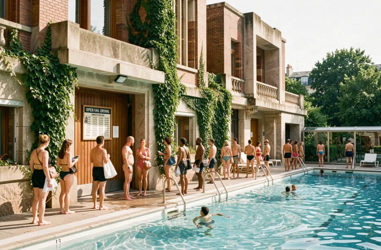 File d'attente à l'entrée de la piscine de plein air Butte aux Cailles à Paris avec horaires affichés
