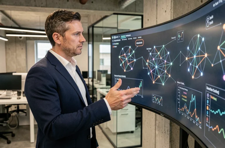Entrepreneur tech présentant une innovation blockchain sur un grand écran dans un laboratoire moderne en 2026