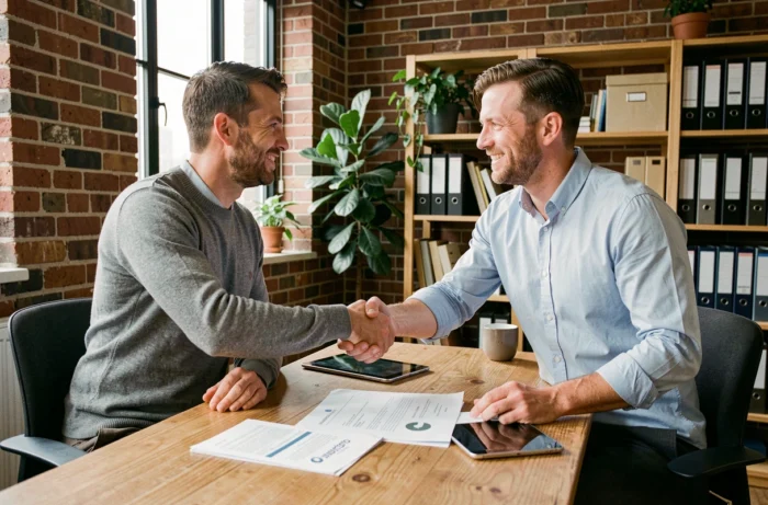 Deux entrepreneurs PME se serrant la main après la signature d'un contrat commercial dans un bureau moderne