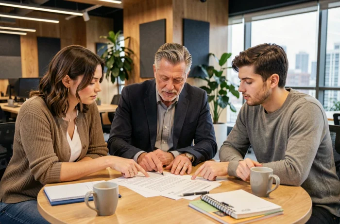 Équipe PME analysant ensemble les clauses d'un contrat business autour d'une table de travail collaborative