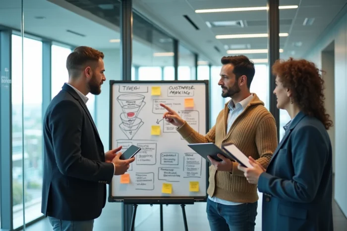 Équipe marketing collaborant autour d'un tableau blanc pour définir une stratégie digitale