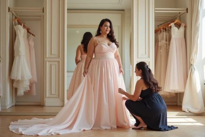 Femme ronde essayant une robe de mariée trapèze rose poudré dans une boutique de robes de mariée avec couturière
