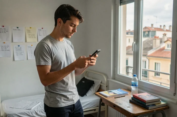 Étudiant consultant l'ENT Centrale Marseille sur son smartphone depuis sa chambre universitaire