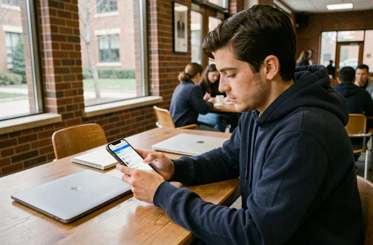 Étudiant consultant sa messagerie universitaire INSA Rouen sur smartphone dans une salle commune du campus