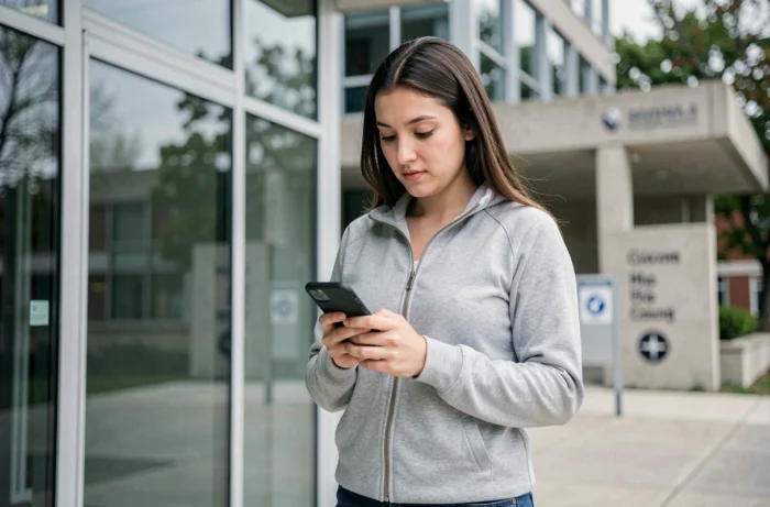 Étudiante accédant à sa messagerie INSA Rouen depuis son téléphone mobile à l'entrée d'un bâtiment universitaire