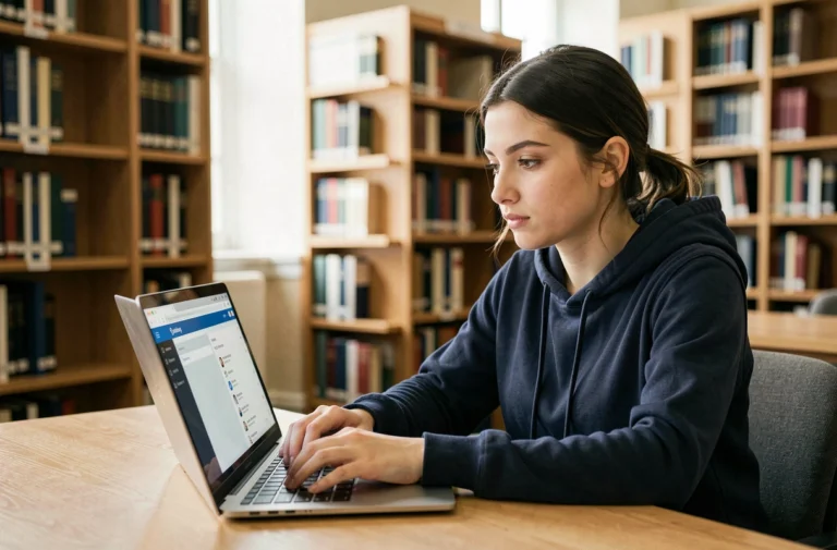 Étudiante utilisant l'ENT sur son ordinateur portable dans une bibliothèque universitaire de Marseille
