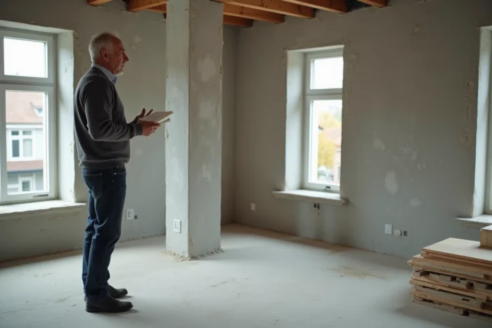 Homme évaluant un appartement en rénovation pour un projet d'investissement immobilier