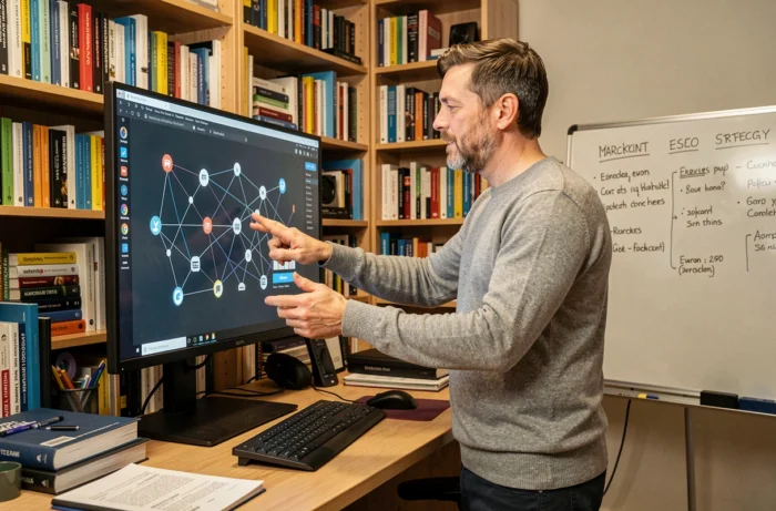Expert en référencement naturel présentant une stratégie de netlinking avec un réseau de liens visuel sur grand écran dans un bureau à domicile