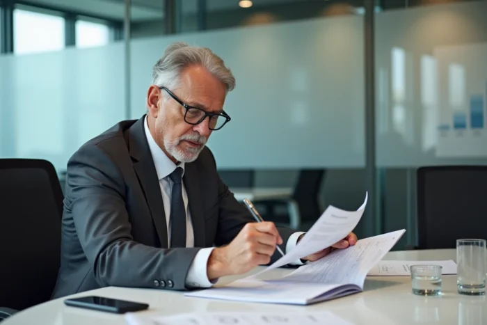 Homme en costume assis en salle de réunion institutionnelle consultant des rapports annotés, symbolisant expertise et pouvoir décisionnel
