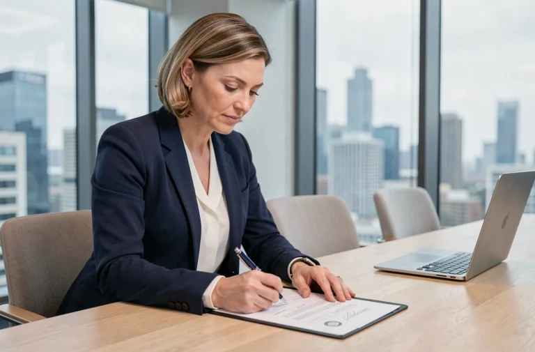 Femme d'affaires signant un contrat business dans une salle de réunion moderne en milieu urbain