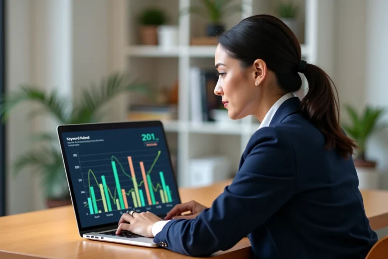 Femme professionnelle analysant un tableau de bord SEO avec suivi de position des mots clés sur un ordinateur portable