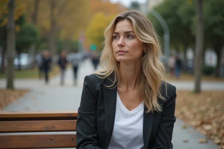 Femme blonde contemplative assise sur un banc dans un parc urbain, illustrant le parcours de vie et la résilience personnelle