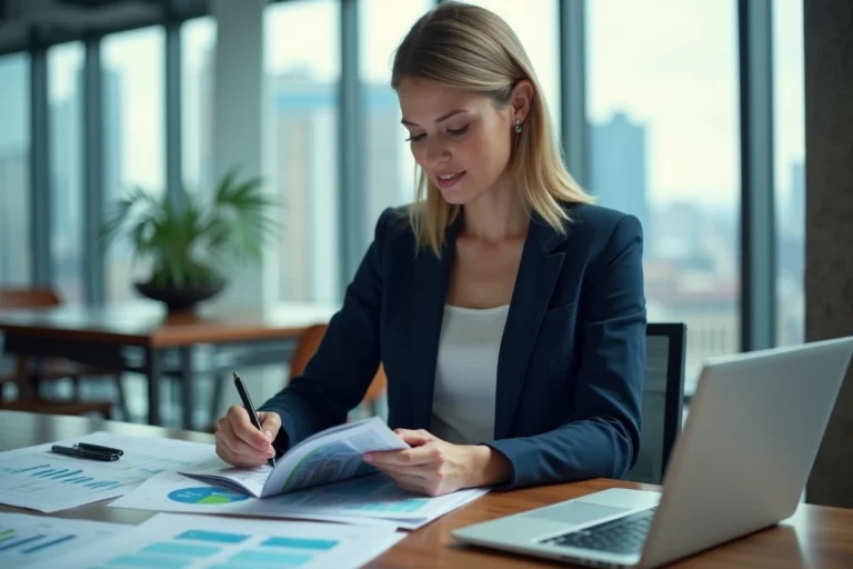 Femme cadre lisant un magazine business avec des rapports de tendances marché 2024 sur son bureau en open space moderne