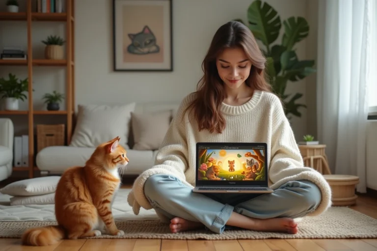 Jeune femme et chat roux regardant ensemble un site de jeux félins en ligne sur un ordinateur portable