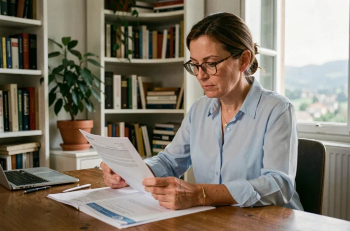 Femme comparant des offres de mutuelle santé à son bureau à domicile en Isère