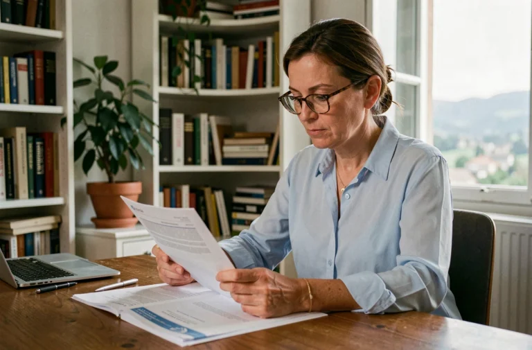 Femme comparant des offres de mutuelle santé à son bureau à domicile en Isère