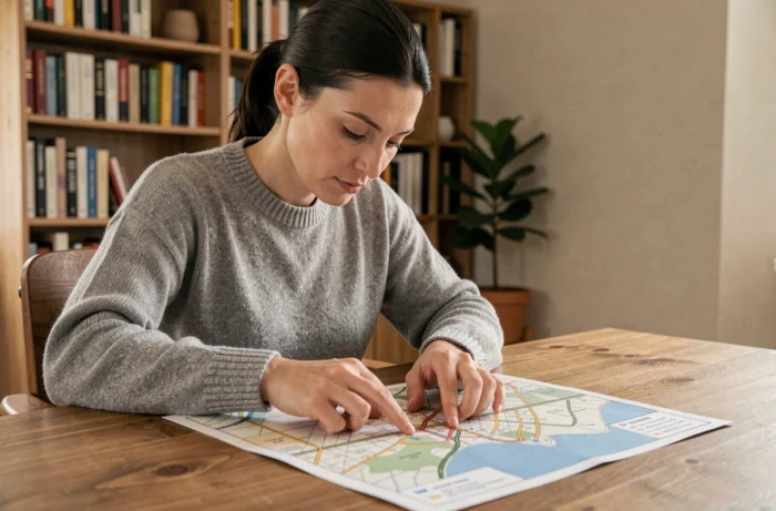 Femme consultant un plan de site imprimé sur un bureau en bois dans un bureau à domicile cosy