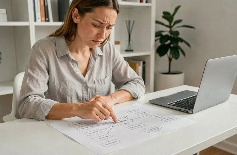 Femme consultant un diagramme de sitemap imprimé sur son bureau pour mieux comprendre la structure d'un site web