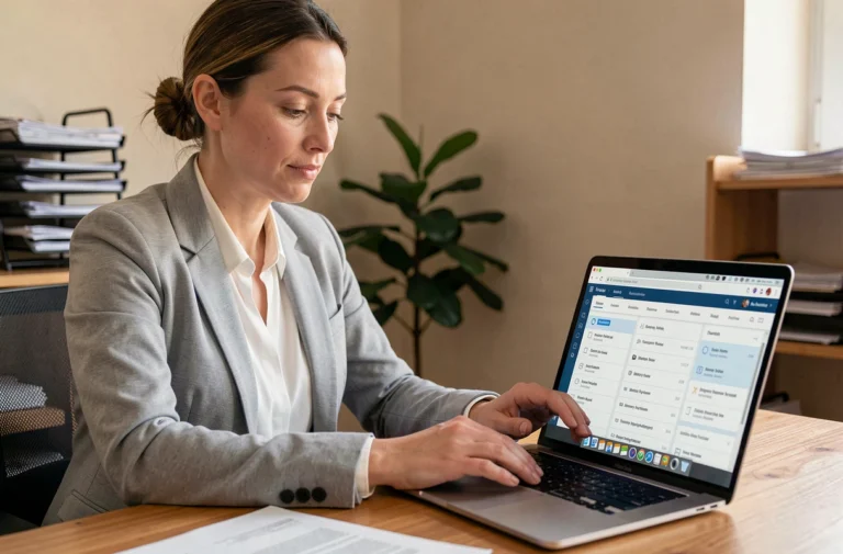 Femme consultant ses fiches de paie archivées en ligne sur un ordinateur portable dans un bureau à domicile