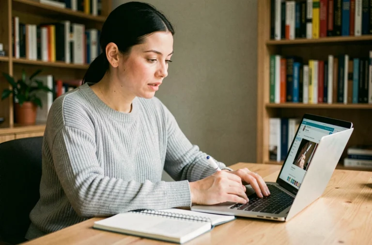 Femme concentrée suivant une formation en ligne sur son ordinateur portable dans un bureau à domicile