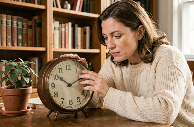 Femme contemplant une horloge analogique affichant 18h08 dans un bureau chaleureux, symbolisant la numérologie et la spiritualité des heures miroirs