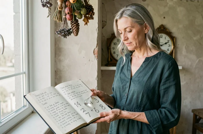 Femme aux cheveux argentés consultant un journal de numérologie avec un pendule et un miroir reflétant 18h08, symbolisant les heures miroirs et la spiritualité