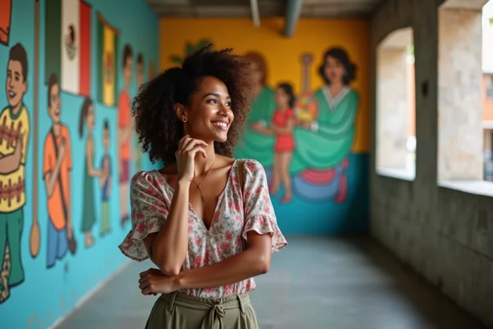 Femme latina debout devant une fresque murale représentant des symboles culturels d'Amérique latine et d'Espagne illustrant la diversité hispanique